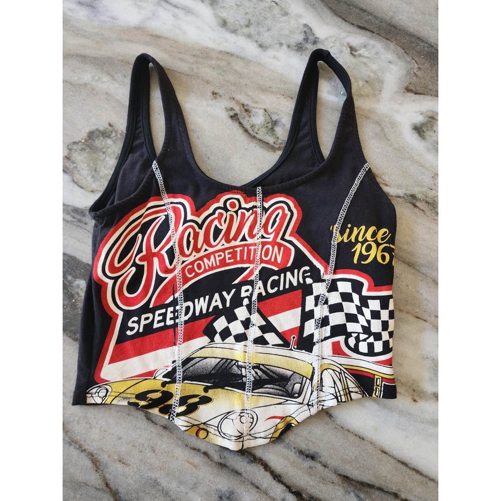 Windsor Womens Racing Graphic Corset Tank Top Black Red Biker Going OutSmall